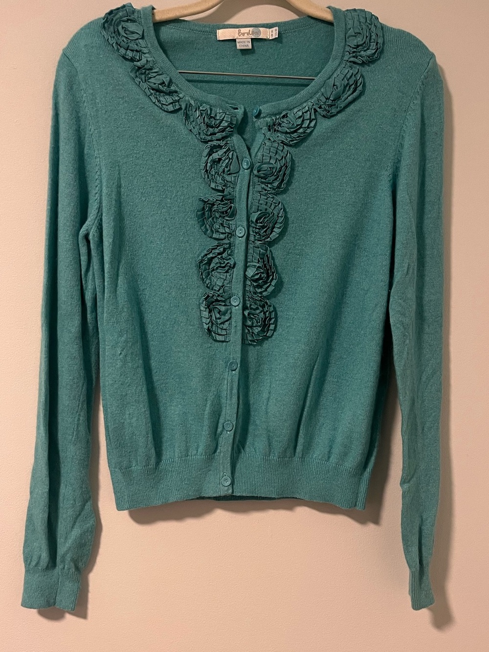 Boden Teal Ruffle-Trim Button Cardigan